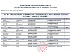 Liste des candidats admis au concours d&rsquo;entrée au poste Maitre Assistant hospitalo-Universitaire pour l&rsquo;année 2025