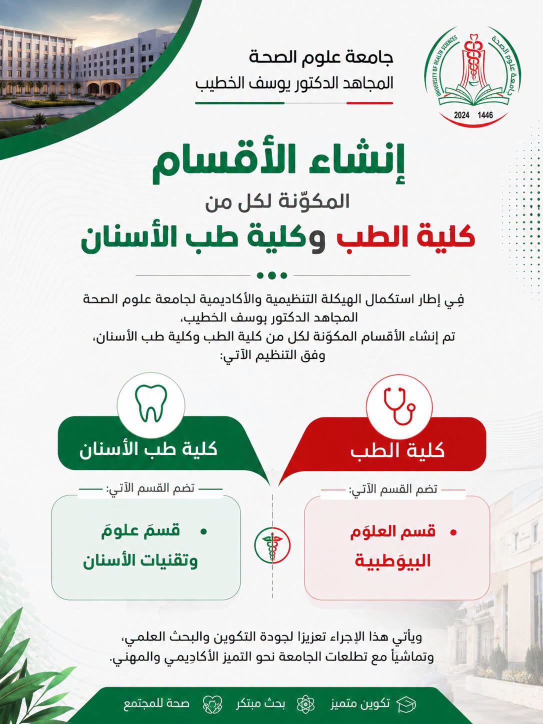Establishment of the Departments Constituting the Faculties of Medicine and Dentistry